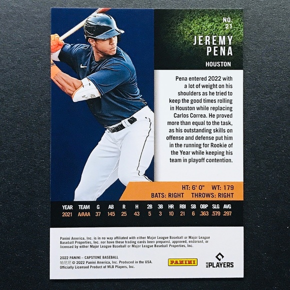 Jeremy Pena RC - 2022 Panini Capstone #21 - Picture 2 of 2